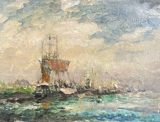 MAURICE MAZEILIE - FRENCH IMPRESSIONIST OIL - TALL SAILING BOATS OFF THE COAST