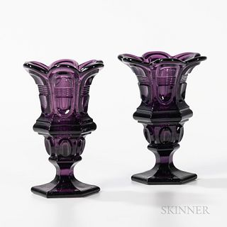 Pair of Small Amethyst Pressed Glass Vases/Urns