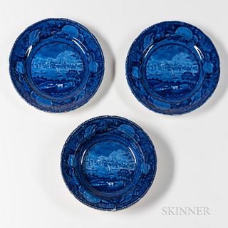 Two Staffordshire Historical Blue Transfer Decorated "City of Albany, State of New York" Plates and a Soup Plate