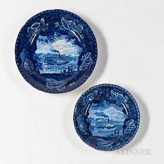 Two Staffordshire Historical Blue Transfer Decorated Chief Justice Marshall Steamboat Plates