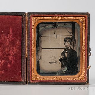 Sixth-plate Cased Ambrotype of a Man Against a Nautical Backdrop