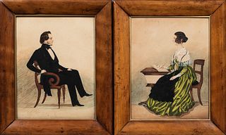 Pair of Watercolor Portraits of a Man and a Woman