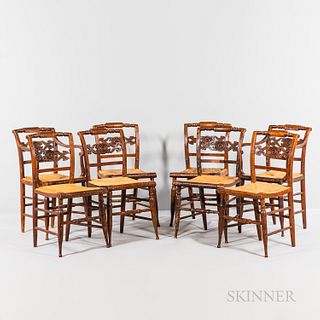 Set of Eight Tiger Maple Carved Fancy Chairs
