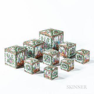 Nine Square Famille Rose Export Porcelain Covered Boxes