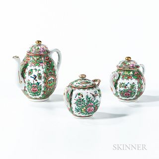 Famille Rose Export Porcelain Teapot, Covered Sugar Bowls and Covered Cream Jug