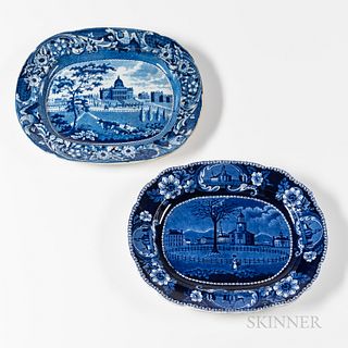 Two Transfer Decorated Historical Blue Staffordshire Platters