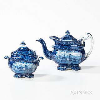 Staffordshire Historical Blue Transfer Decorated "McDonnough's Victory" Teapot and Covered Sugar Bowl