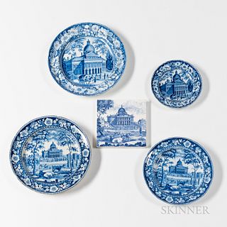 Four Staffordshire Historical Blue Transfer Decorated "State House Boston" Plates and a Tile