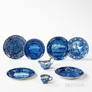 Eight Staffordshire Historical Blue Transfer Decorated Table Items