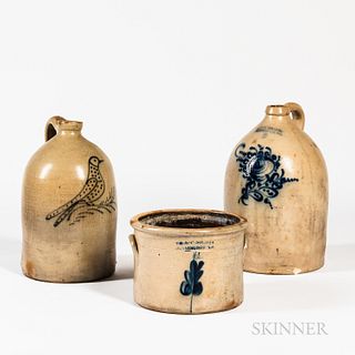 Two Cobalt Decorated Stoneware Jugs and a Crock