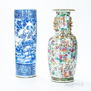 Large Rose Medallion Vase and Blue and White Export Porcelain Umbrella Stand