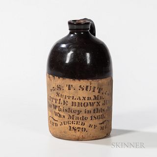 Small Glazed Earthenware "S.T. Suit, Little Brown Jug" Whiskey Jug