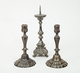 Pair of French Punchwork Brass Candlesticks and a Pewter Tripod Pricket Stick