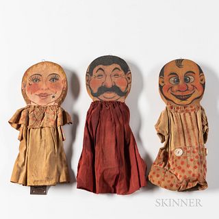 Three Painted Wood and Cloth Carnival Knock Down Dolls