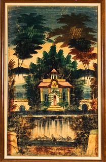 Painted Curtain Panel of a House on a Pond