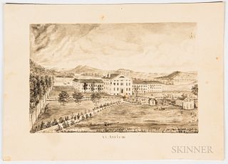 Ink Wash Drawing on Paper of the Vermont Asylum for the Insane