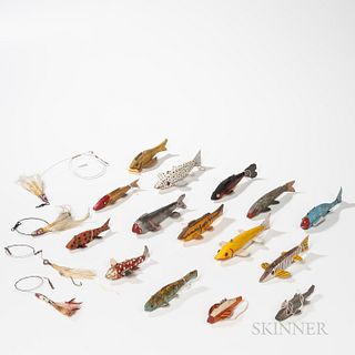 Collection of Fifteen Painted Fish Decoys and Three Lures