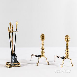 Pair of Brass and Iron Ring-turned Andirons and Matching Tools with Stand