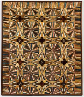 Framed Silk and Velvet Pinwheel and Geometric Pattern Quilt