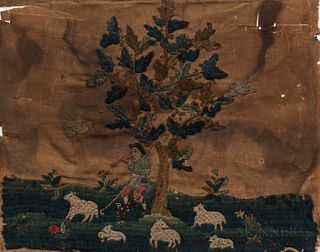 Early Needlework Picture of a Boy Tending a Flock of Sheep