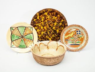 French Tortoiseshell-Glazed Earthenware Plate, a Slipware Plate with Bird, an Earthenware Bowl, and Another Plate