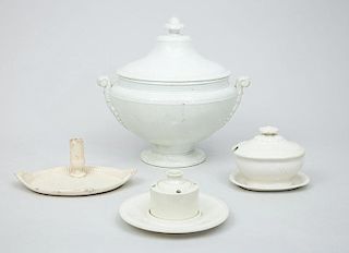 French Creamware Circular Tureen and Cover, a Sauce Tureen with Attached Stand, a Cylindrical Ink Well, Cover and Stand, and an Inkstand with Candle H
