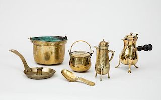 French Brass Tripod Chocolate Pot, Another Tripod Pot, Two Pots with Swing Handles, a Chamber Candlestick, and a Sauce Spoon
