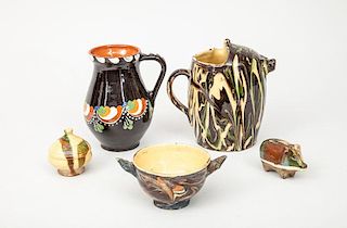 French Earthenware Dog-Head Pitcher, a Black-Glazed Pitcher, a Polish Pig-Form Bank, a Two-Handled Cup, and Another Bank
