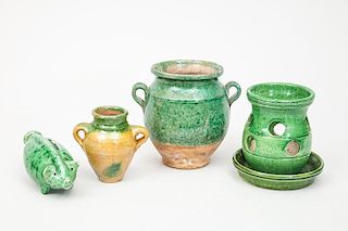 Dutch Green-Glazed Earthenware Pig-Form Bank, a Friedland Crocus Vase, Two Two-Handled Pots, and a Dish