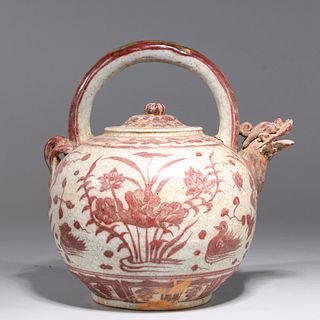 Chinese Ming Style Red & White Porcelain Teapot