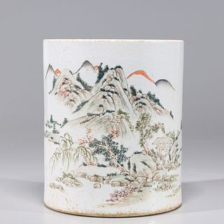 Chinese Famille Verte enameled Porcelain Brush Pot