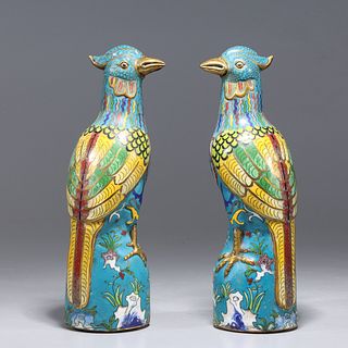 Pair of Antique Chinese Cloisonne Enameled Bird Statues