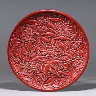 Chinese Imitation-Cinnabar Carved Wood Plate