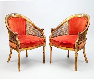Pair of Louis XVI Style Giltwood and Caned Tub Chairs