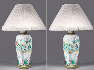 Two Chinese Famille Verte Enameled Porcelain Vases mounted as Lamps