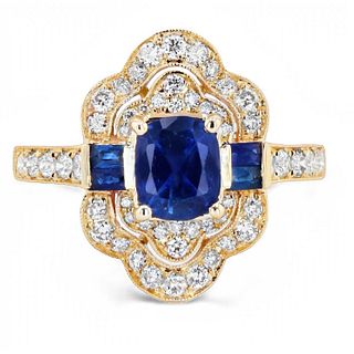 1.21ct Center Blue Sapphire Diamond 14K Yellow Gold Ring