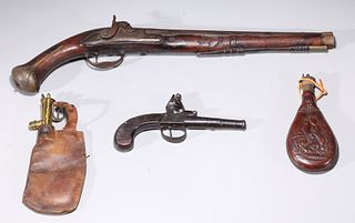 Two Antique Pistols & Powder Pouches
