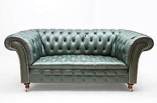 Chesterfield Brass Studded and Green Leather Sofa, Modern