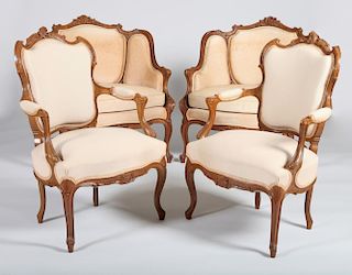 Pair of Louis XV Style Carved Walnut Bergères and a Pair of Fauteuils en Cabriolet