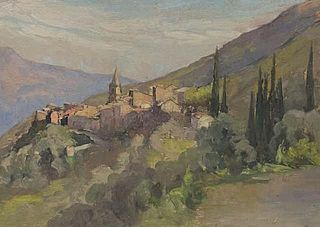 Provence Landscape with Cypress Trees, Hazy View, Vintage French Oil