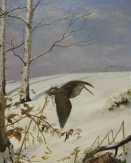 Woodcock/ Snipe in Winter Snow Landscape, British Sporting Art oil painting