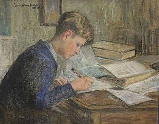 Pupil at His Desk doing Home Work, signed & dated 1940s French Impressionist Oil