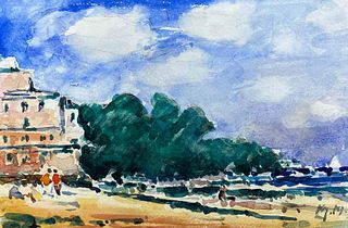 FRENCH IMPRESSIONIST WATERCOLOUR - BRIGHT BLUE SUMMERS DAY OVE