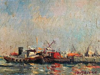 MAURICE MAZEILIE - FRENCH IMPRESSIONIST SIGNED OIL - BOATS MOORED OFF A JETTY