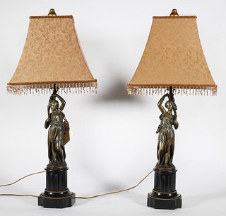 Pair Bronze & Marble Table Lamps