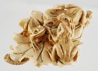 Signed Japanese Carved Ivory Frogs Netsuke