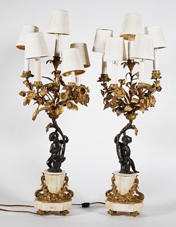 Antique Pair Bronze & Marble Candelabra Lamps