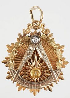14K Gold and Diamond Masonic Compass Pendant 