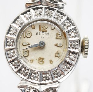 Womens Vintage ELGIN 14K Gold & Diamond Watch 