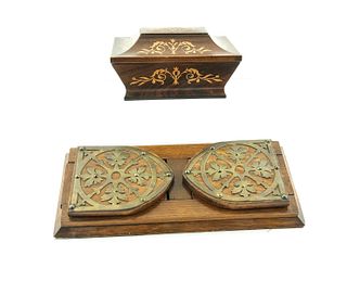 2 pieces - Inlaid Wood Box and Wood Book Rack